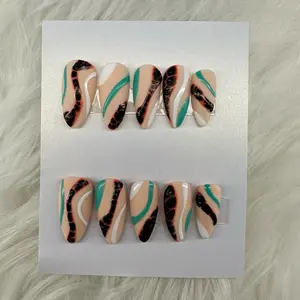 Matte Nude Teal White Lava Almond Press On Nails with Nail File Cuticle Pusher Alcohol Wipe Glue Care Card for Everyday Glam