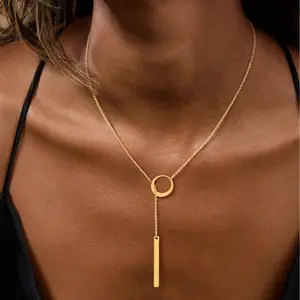 AMICON Y- Drop Necklace | Hollow Circle + Bar Pendant | Adjustable 18+2 inch chain  | Dainy Layering Jewelry for Women
