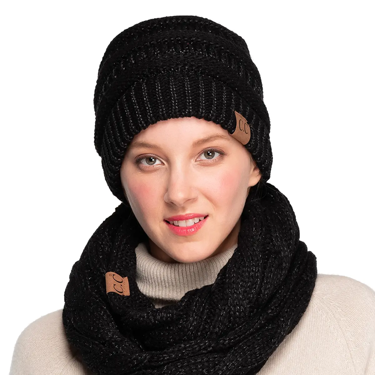 C.C Shimmering Metallic Cable Knit Infinity Winter Accessory for Women - Soft Quadri Grey Scarf with Glamorous and Cozy Design