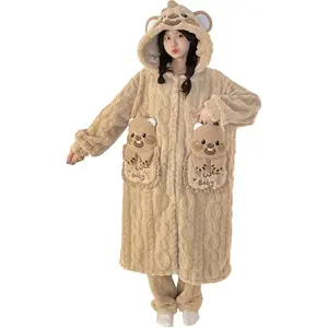 Women's button bathrobe hoodie coat plush warm pajamas Long with cute pattern pocket pajamas and trousers Sets