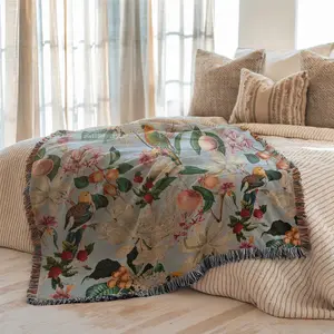 Multi-Function Tassel Woven Blanket Blue Flower Bird Pattern Bed Blanket, Also for Sofa Cover Couch Throw Blanket Armchair Home Decor Room Wall Art Tapestry Furniture Slipcover Tablecloth Shawl Outdoor Picnic Camping Beach Towel Office Nap Hippie