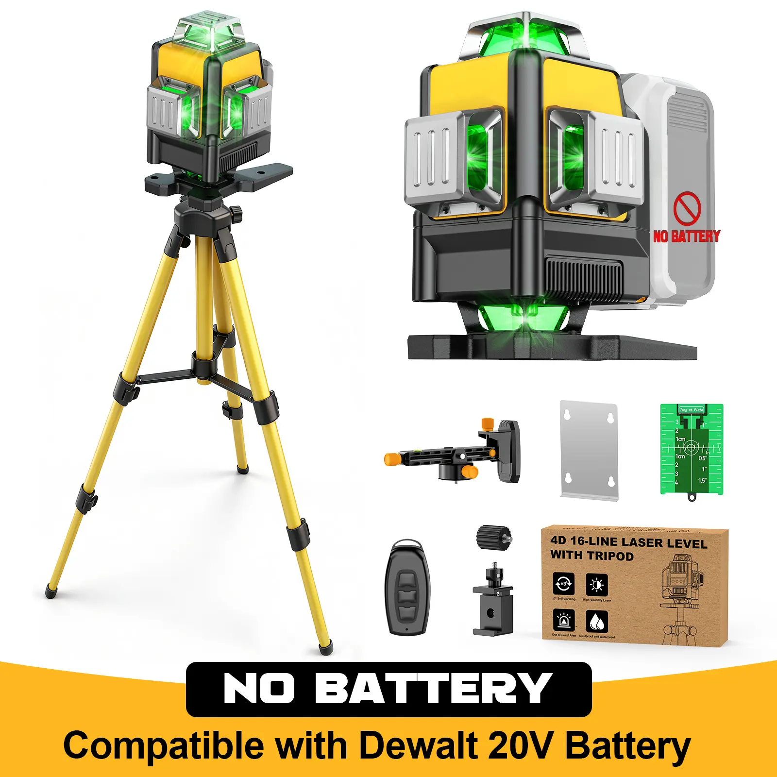 Ecarke 4D 360° Self-Leveling Laser Level Compatible with Dewalt 20V Battery, 【Battery NOT Included】, Green Line Laser Level Tool with Tripod for Construction, Picture Hanging, Tile, Home Renovation