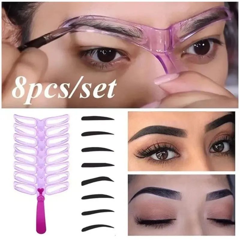 8 Piece Eyebrow Shaping Template Set with Handle, Makeup Tool Set, Cosmetic Tools, Eyebrow Styling Kit, 8 Reusable Eyebrow Stencils for Makeup, Perfect Gift for Fuller Brows