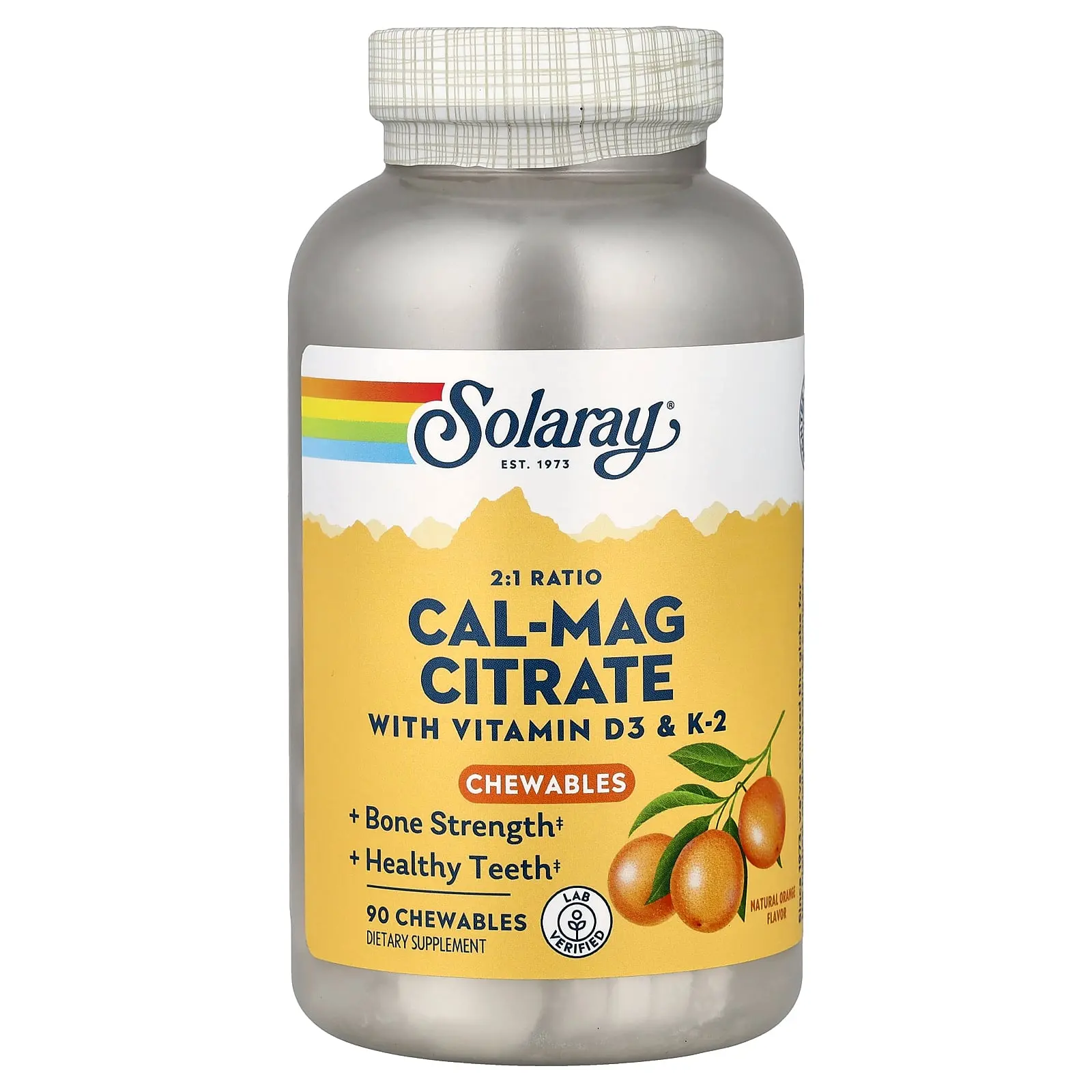 Solaray Cal-Mag Citrate with Vitamin D3 & K2, Natural Orange, 90 Chewables