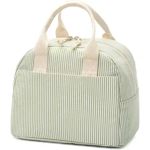 Women's Insulated Lunch Bag - Reusable Green Striped Cooler Lunch Box with Large Capacity, Durable Lunch Tote for Work, Picnic, Beach, Travel, Portable Leak-proof Design