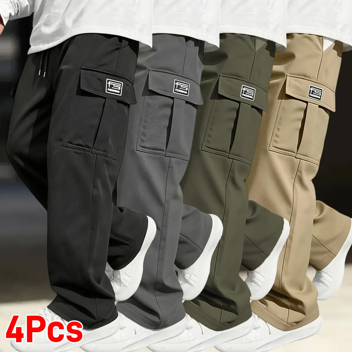 Set of 4 men’s fashion cargo pants — loose fit, multi-pocket design; suitable for casual wear, hiking, everyday activities, running and workouts, outdoor sports, and spring/autumn seasons.