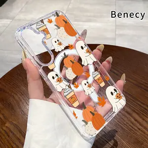 Ghostly Autumn Pattern Magnetic Phone Case Compatible with Galaxy  S23 Ultra S24 Plus FE S25 S22+ Anti-Yellowing Shockproof Lightweight Transparent Acrylic Large Hole Soft Cover Supports Wireless Charging