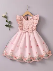 Girl's Butterfly Pattern Bow Decor Dress, Cute Round Neck Tulle Dress for Summer, Kids Clothes for Daily Wear