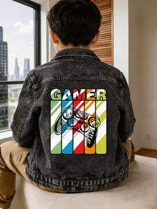 Boys' Denim Jacket Spring & Fall Long Sleeve Casual Top, Cartoon Print Clothing for Ages 1-8, Outdoor Activities, Birthday Gift
