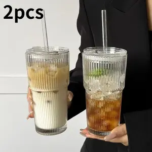 Stylish Glass Cup with Straw and Lid, High Aesthetic Water Bottle for Women, Home Use Cold Drinks Coffee Mug, Elegant Design Glass Water Bottles, Tumbler