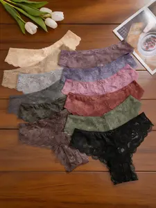 Women's Low-Waist Lace Bikini Briefs, Hollow-Out Breathable Design, Casual Fitted Knit Underwear, Spring & Fall Season