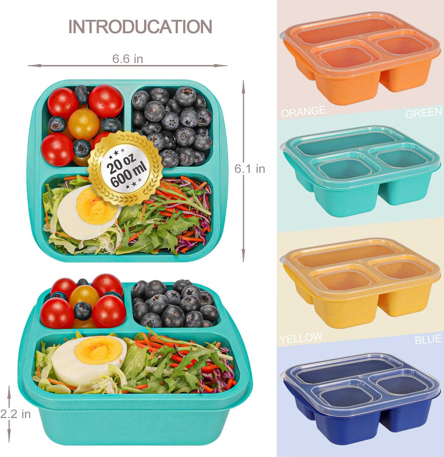 4-Pack Bento Lunch Boxes for Kids – 3-Compartment Meal Prep Containers with Lids, Reusable Snack Boxes for School, Work & Travel, Leak-Resistant Food Storage Containers