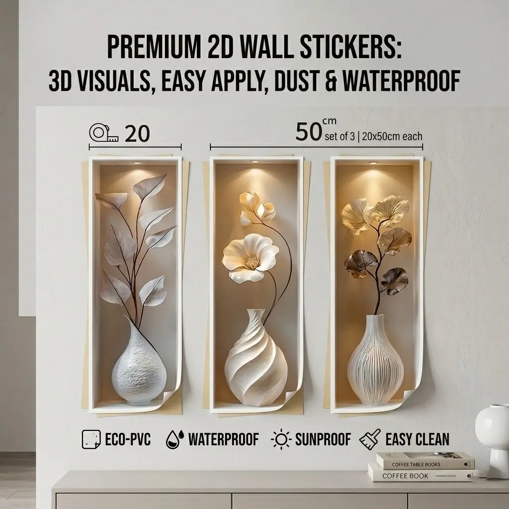3Pcs Aesthetic Floral Vase Wall Stickers, Interior Stickers, 20×50cm Realistic Botanical Flower Design Decorative Wall Decals, Self-Adhesive Removable Modern Art Mural, Perfect for Bedroom Living Room Study Home Wall Decor