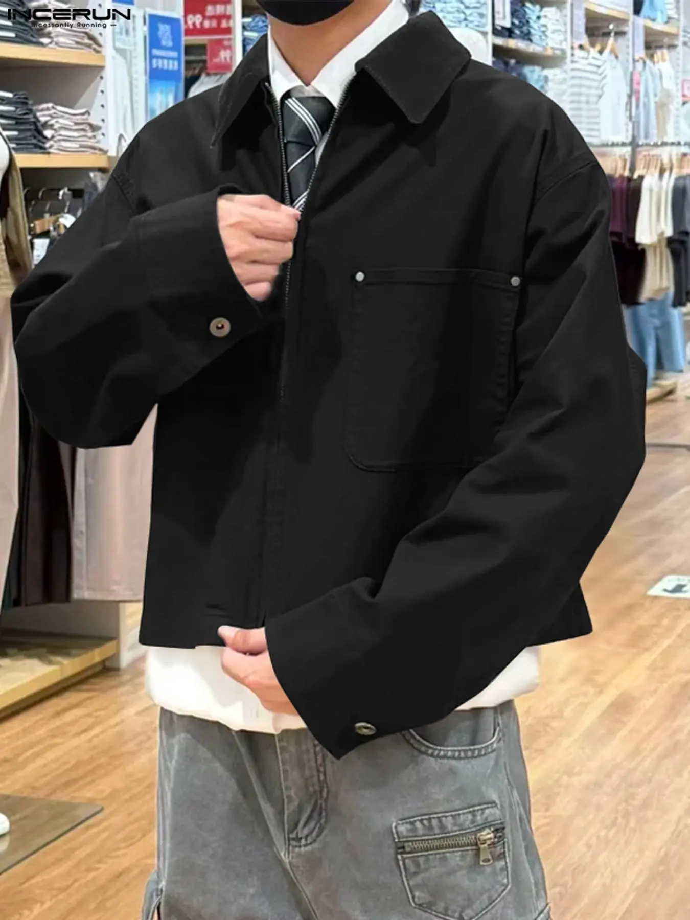 INCERUN Men's Fashion Patchwork Corduroy Lapel Barn Wind Jacket Coat, Solid Zip Front, Long Sleeve, Spring & Fall Casual Wear, Daily, Stylish Outerwear, Trendy Outerwear, Menswear