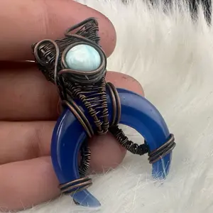 Handmade Wire Wrapped Blue Agate Crescent Moon Pendant with Larimar Accent | Mystical Gemstone Jewelry