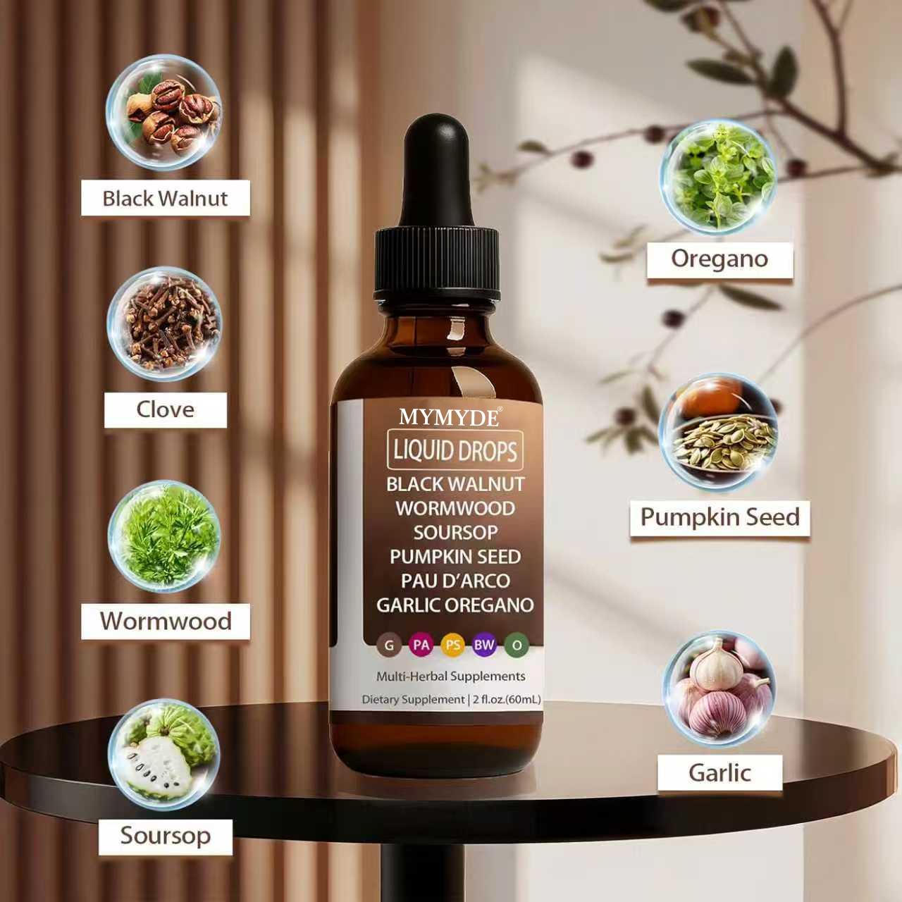 MYMYDE Walnut Wormwood Gut Cleanse, Wormwood Black Walnut Clove Drops with Garlic Oregano, Soursop, Pau D'arco, Pumpkin Seed Extracts, Support Gut & Digestion Balance, Improve Energy