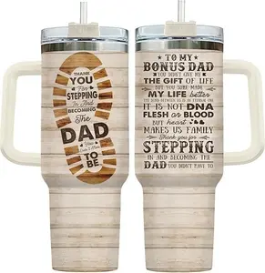40oz Stainless Steel Wood Grain Insulated Tumbler Dad Gift Set - Portable Travel-Friendly Water Bottle with Handle, Lid, Straw for Father's Day/Birthday (Bonus Drinkware for Stepdad)