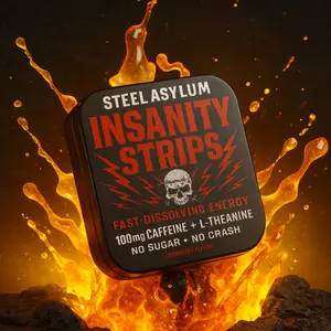 Steel Asylum "Insanity Strips" Cranberry Flavor - 100mg Caffeine & L-Theanine Energy Oral Strips No Sugar No Crash 30 Count Beverage Tea
