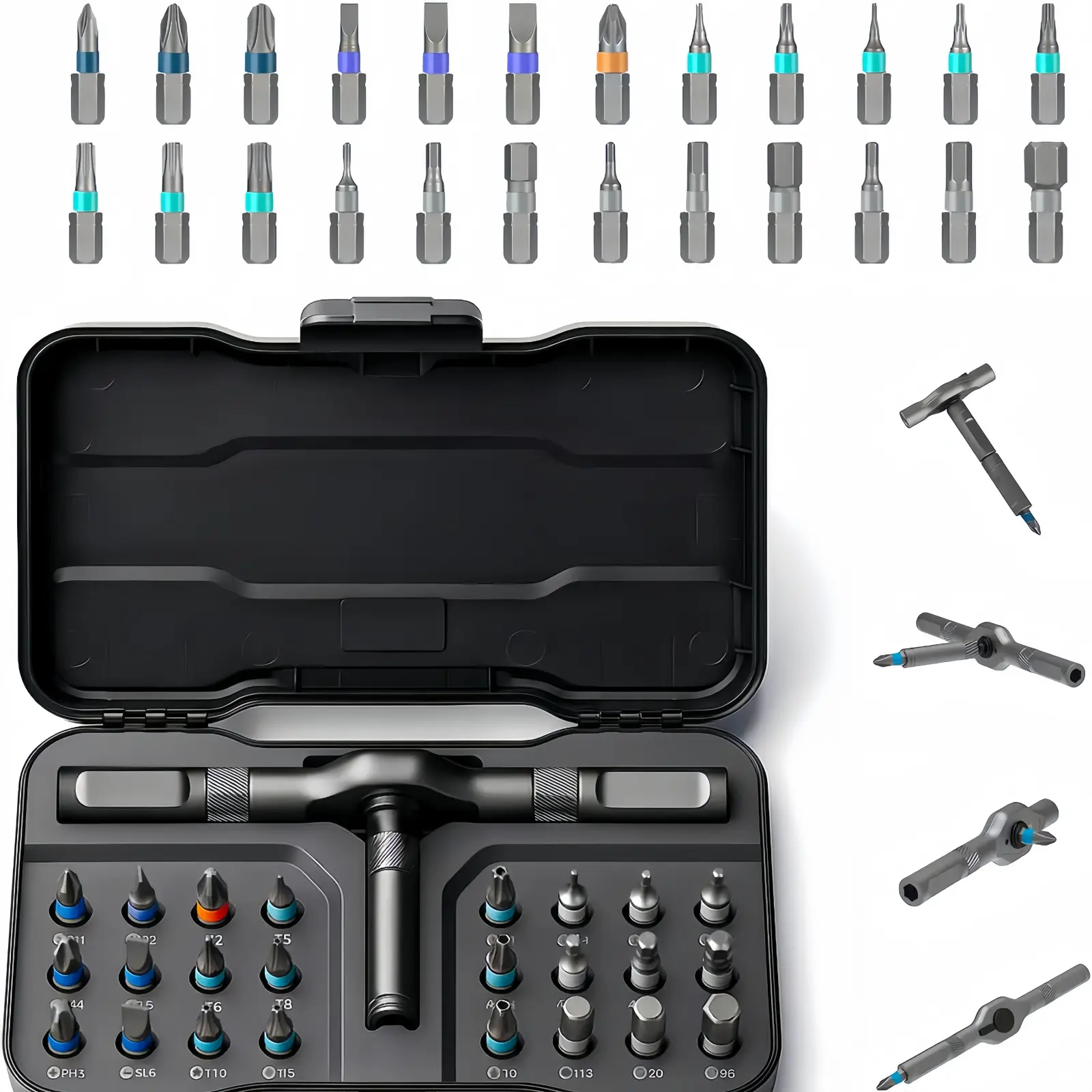 24-in-1 Portable Magnetic Rotary Ratchet Screwdriver Set - Metal Detachable Handle Mini Multi-Tool with 24 Interchangeable Magnetic Tip Bits, Precision Screw Ring for DIY & Home Repair Tasks