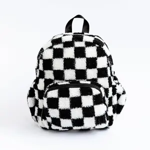 Big Little Wish Sherpa Backpack for Kids – Cute Checkered Black & White Mini Bag for Toddlers 3–4 Years | Ultra Soft Plush Preschool Backpack with Adjustable Straps & Pockets | Ideal for Daycare, Pre-K, or Weekend Outings