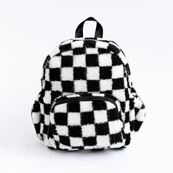 Big Little Wish Sherpa Backpack for Kids – Cute Checkered Black & White Mini Bag for Toddlers 3–4 Years | Ultra Soft Plush Preschool Backpack with Adjustable Straps & Pockets | Ideal for Daycare, Pre-K, or Weekend Outings