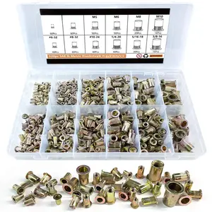 Rivet Nut Tool Kit, 520 count SAE & Metric Rivet Nut Assortment Kit w Galvanized Carbon Steel Flat  Threaded Insert Nuts, Sizes 6-32 8-32 10-24 1/4"-20 5/16"-18 3/8"-16 M3 M4 M5 M6 M8 M10
