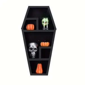 Gothic Wooden Coffin Shelf Shadow Box Ghost Design Black Hanging Rack for Halloween Decorations Spooky Touch Ideal for Displaying Spooky Items