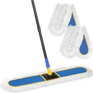 36" Commercial Dust Mop for Floor Cleaning,Industrial Dust Broom with 2  Mop ,Heavy Duty Large Wet Dry Mops with 60" Long Handle for Hardwood, Tiles, Marble Floors,Blue Cotton Lightweight