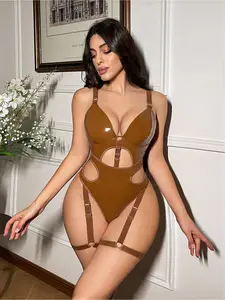 Sexy Women's Pink PU Leather Bodysuit, Sheer Lingerie Dress, Spaghetti Strap Dress with Underwire, Single Piece, Suitable for Private Parties, Masquerade Parties and Valentine's Day Gifts cool girl outfits Underwear