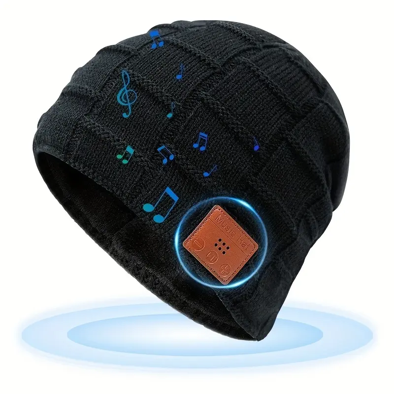 Adult Plaid Fleece-Lined Wireless Beanie Hat - Bluetooth Audio Headphones with Mic, Noise Cancellation, Push Button, Rechargeable Polymer Lithium Battery, Charging Port, Cable for Snowboarding