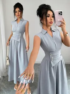 Summer Women's Casual Elegant Sleeveless Party Commute V Neck Polo Neck Waist Cinch Invisible Zipper Woven Fitted Slim Fit Midi Dress