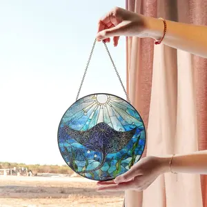 Stained Glass Manta Ray Sunlit Ocean Design - Unique Ocean Decor, Window Hanging Art