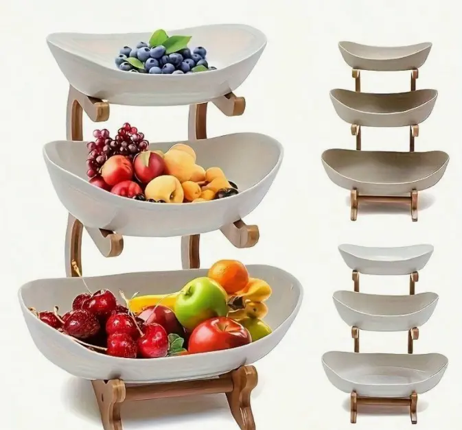 1pcs White 3-Layer Ceramic-Wood Adjustable Fruit Basket Holder - Multifunctional Home Supplies Organizer, Creative Dessert Display Rack for Home Living Room Snack & Fruit Storage Accessory