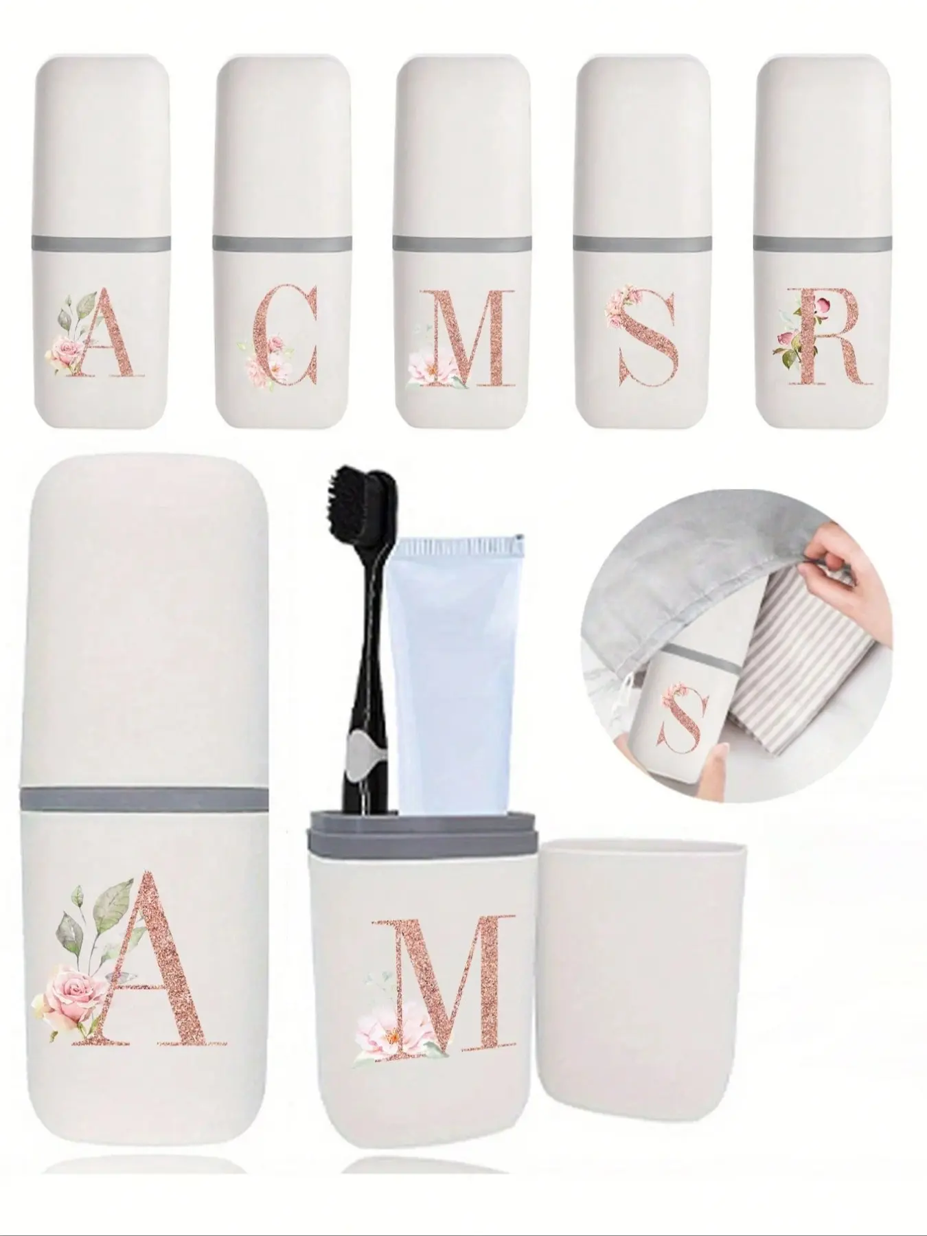 1pc Rose Gold Letters A-Z Portable Toothbrush Case, Toothbrush Storage, Travel Toothbrush Holder, Portable Toothbrush Cup Cover, Suitable For Travel,Camping,And School Multi-Purpose Toothbrush Cup,Travel Wash Cup