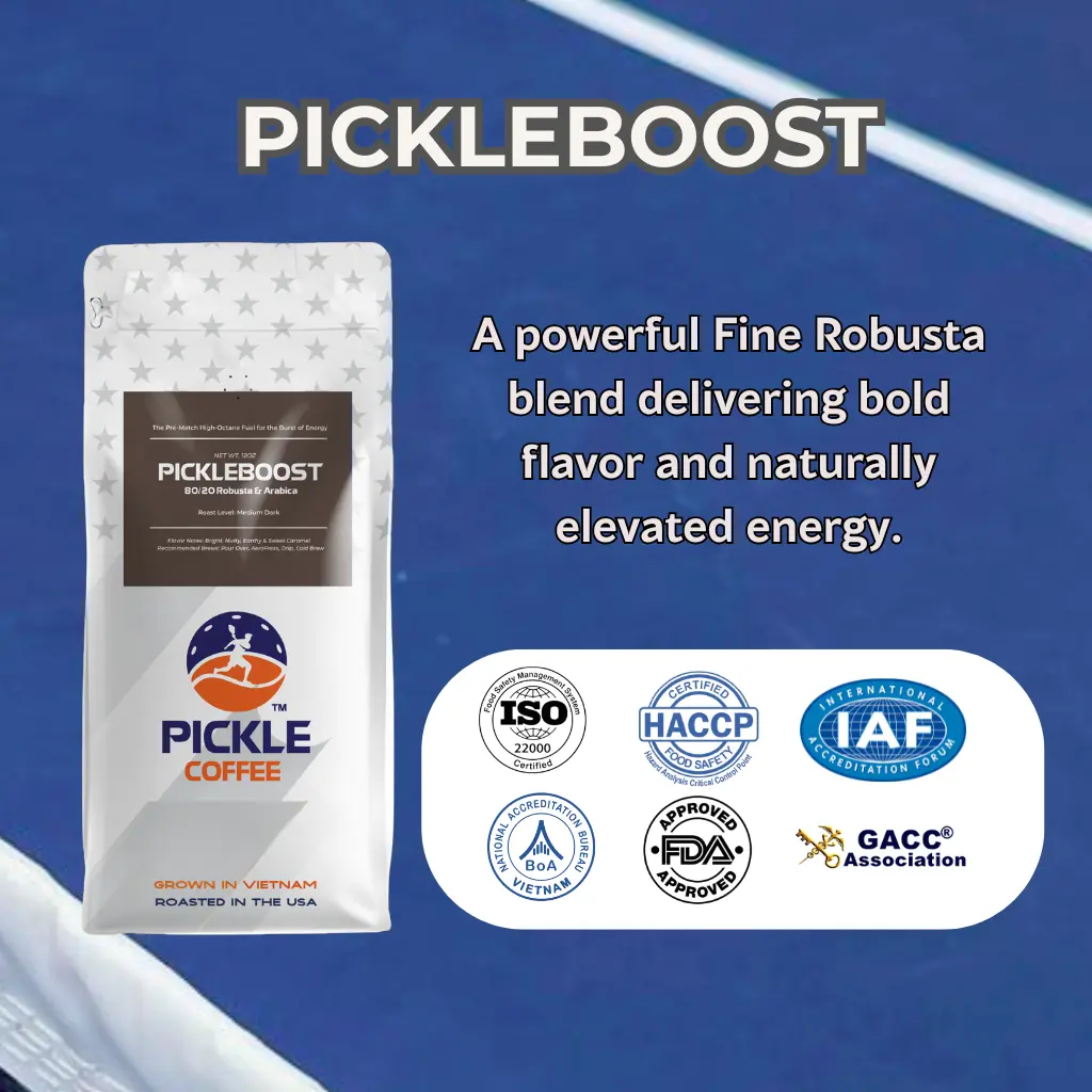 PickleBoost Vietnamese Fine Robusta Specialty Coffee – High-Caffeine Performance Blend with High-Quality Arabica, Bold Caramel Energy for Pickleball, Tennis & Gym Athletes Needing Explosive Power