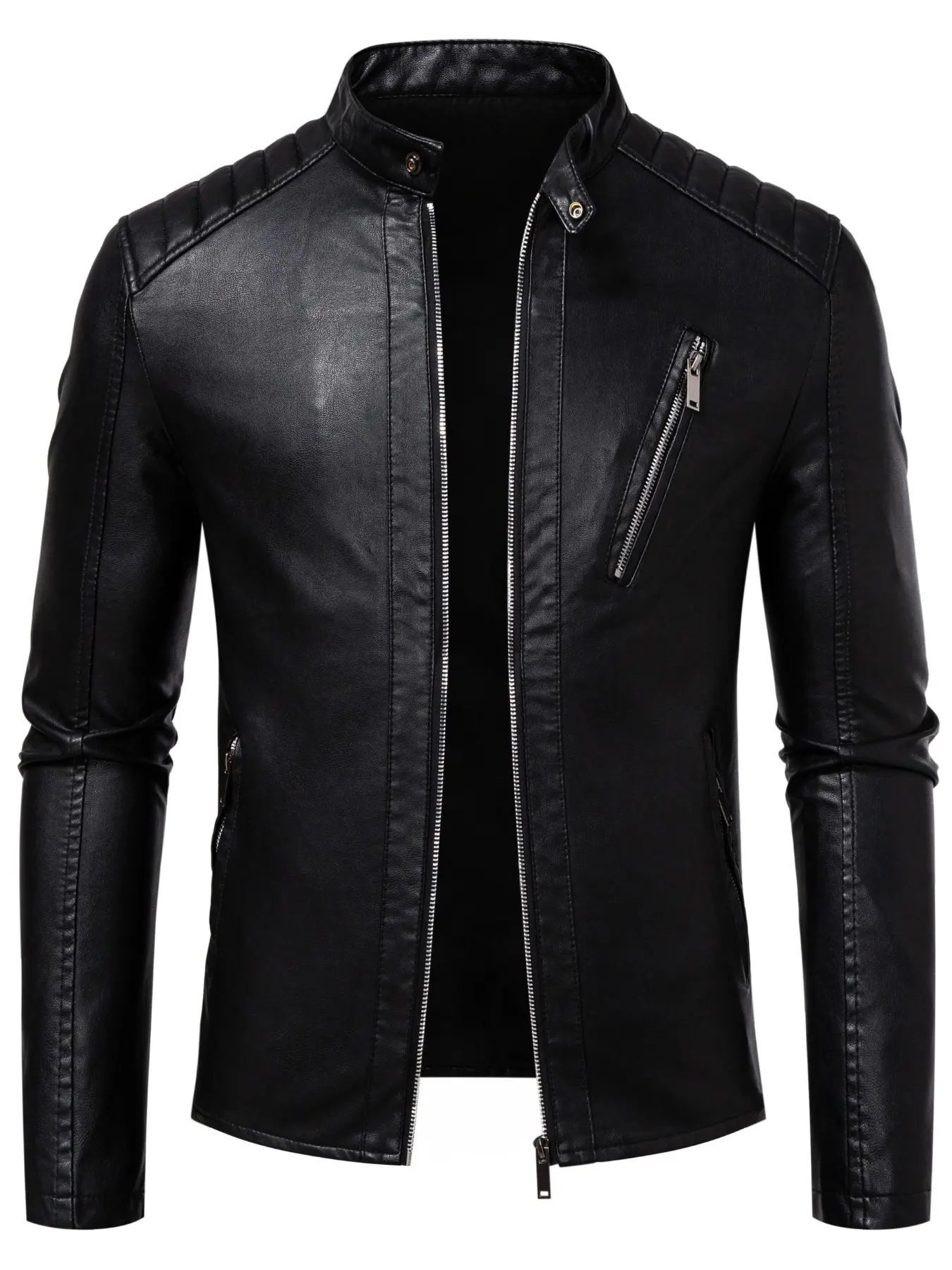 Men's Solid Color Stand Collar Long Sleeve Fitted PU Jacket, Fashion Zipper Design, Outdoor Street Motorcycle Style, Trendy Fall Outerwear