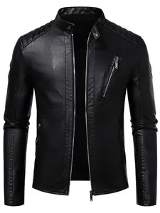 Men's Solid Color Stand Collar Long Sleeve PU Jacket, Fashion Zipper Design, Outdoor Street Motorcycle Style, Trendy Fall Outerwear Coats