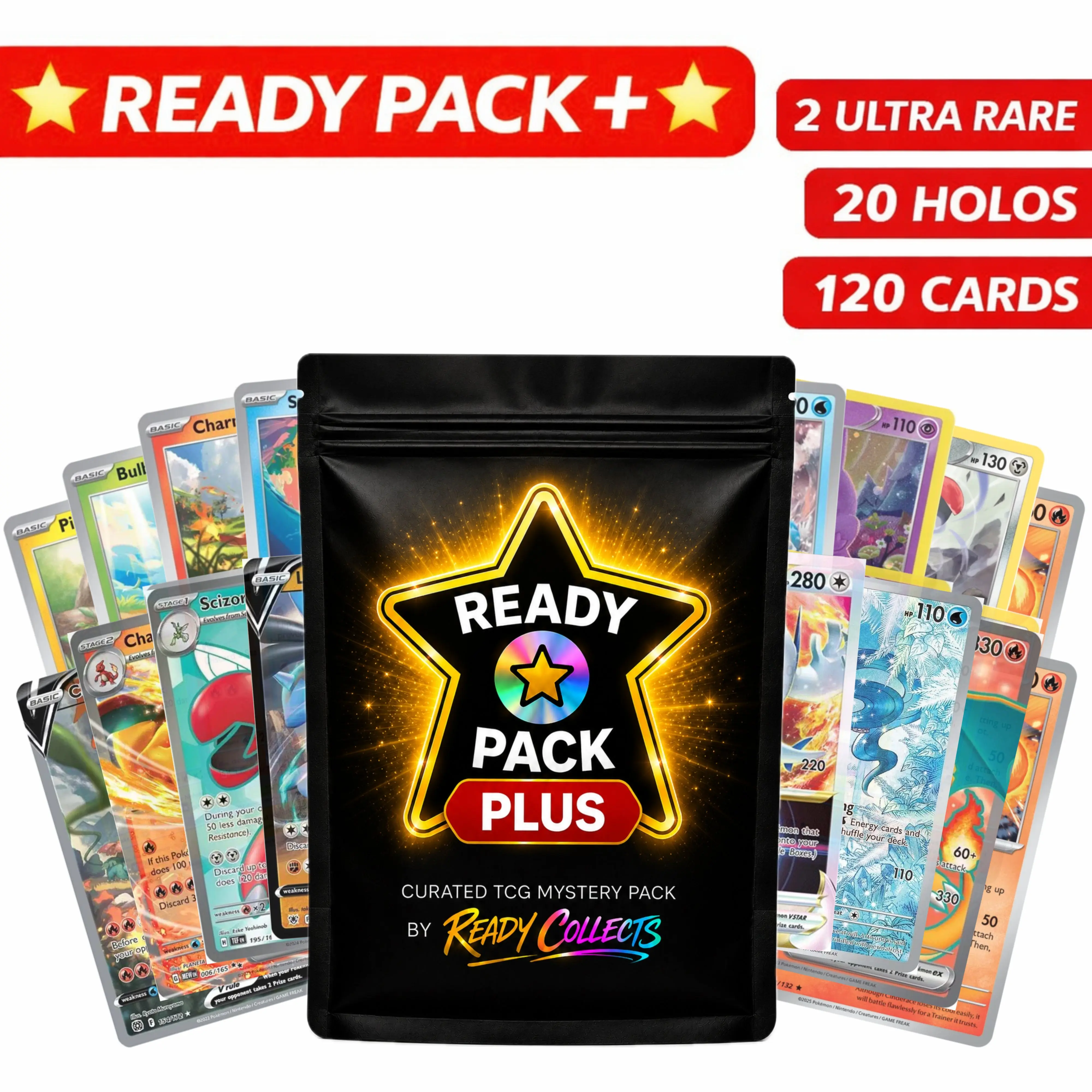 READY PACK PLUS -  120 Pokémon Card Pack Bundle - 20 Holos + 2 Ultra Rare Cards Guaranteed