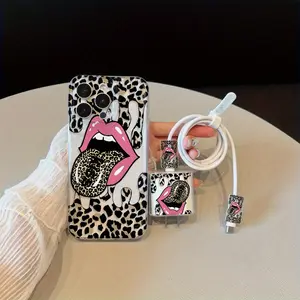 5 Piece Leopard Lips Phone Case Set with Charger Adapter and Cable Protectors, Tpu Protective Case for iPhone 6-16, Ideal Gift for Teens and Couples, Accessories
