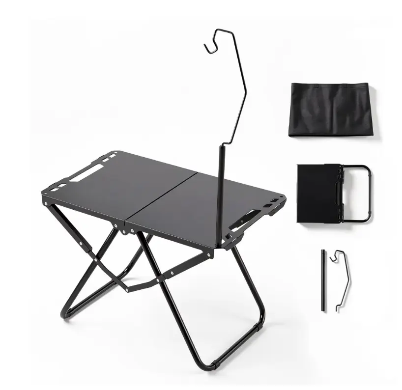 OHHANI Portable Folding Camping Table with Lantern Stand, Lightweight Tactical Aluminum Picnic Table with Storage Bag, Black