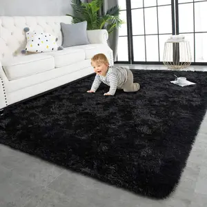 Super Soft Shaggy Rugs Fluffy Carpets, 4x5.9 Feet, Indoor Modern Plush Area Rugs for Living Room Bedroom Kids Room Nursery Home Decor, Upgrade Anti-Skid Rectangular Fuzzy Rug, Black
