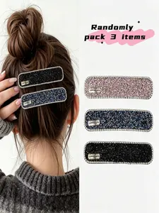 3pcs Rhinestone Bb Hair Clips, Crystal Inlaid Rectangle Barrettes, Sparkly Hair Pins for Women, Non-Slip Hair Accessories for Daily, Party & Work