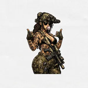 Tactical Waifu Vinyl Sticker – Cyber Military Girl Decal, Tattooed Operator Anime Style, Tactical Helmet Gun Girl Waterproof Sticker for Laptop Car Helmet Gaming Setup