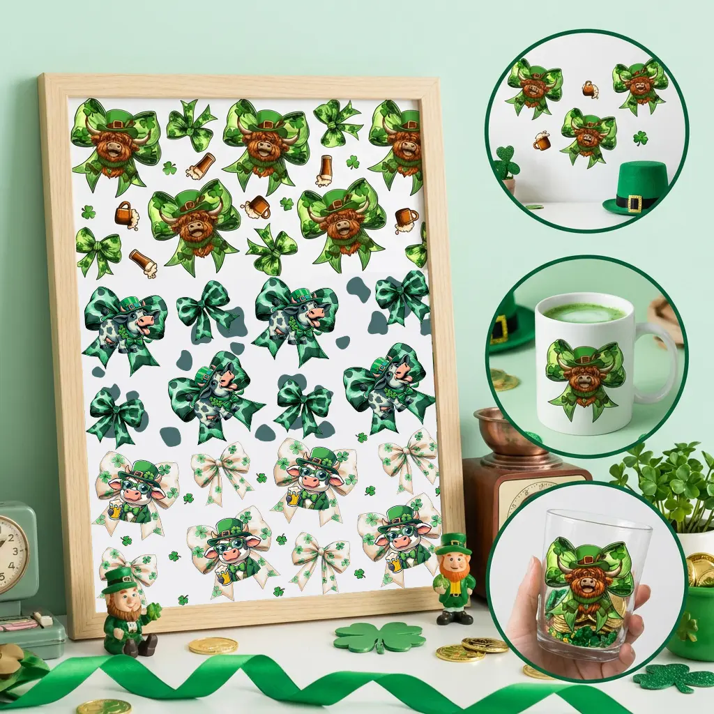 Premium 3pcs St. Patrick's Day UV DTF Decorative Stickers, Highland Cow Clover Themed Wall Decals For Home Wall Decor & General Decorative Projects
