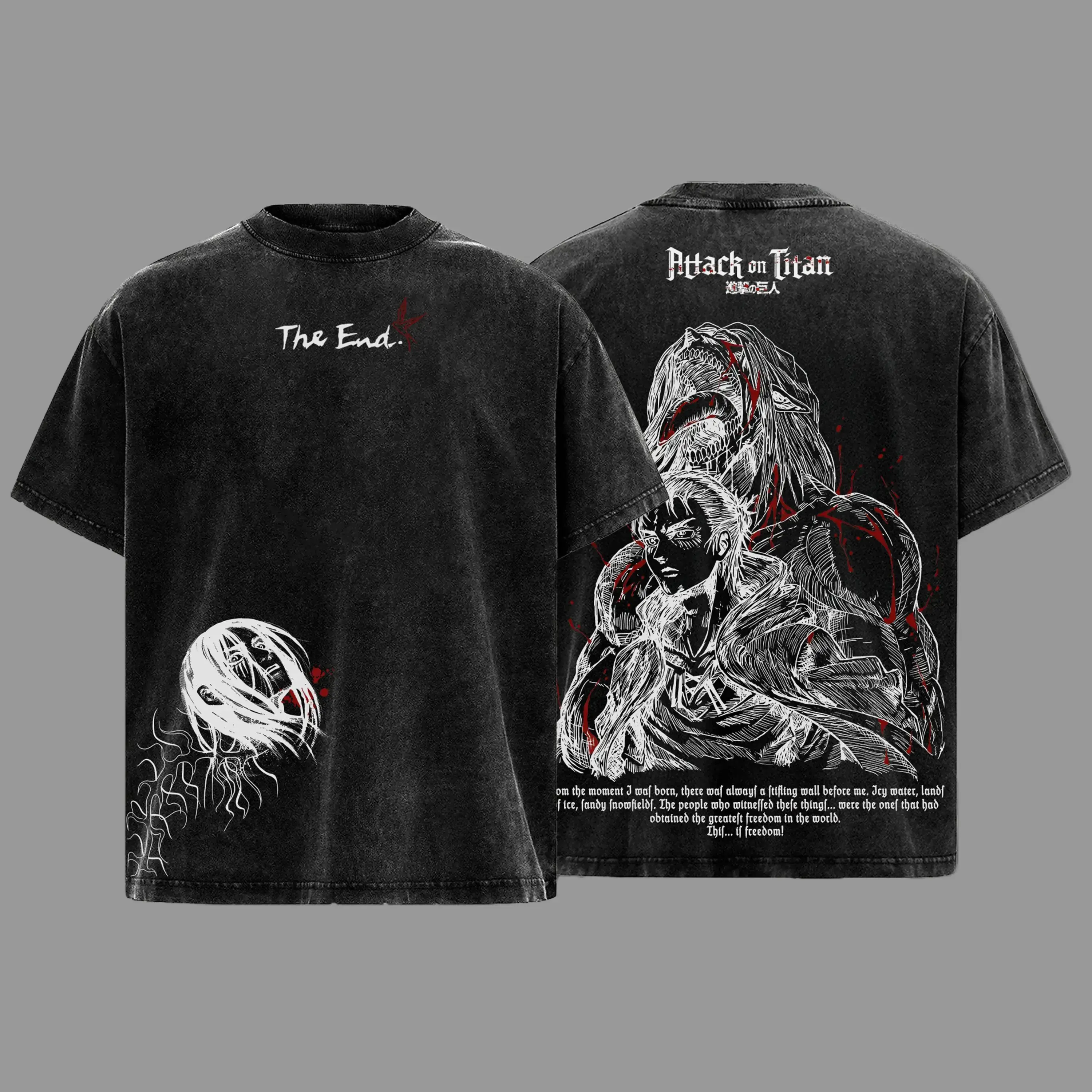 Men's Soft Eren Yeager Attack on Titan Vintage Oversized Heavy Cotton Shortsleeve T-Shirt - Washed, Double-Printed Menswear, Seamless Retro Streetwear Graphic Top, Rumbling Collector Edition (Sizes 2XL,3XL,4XL)