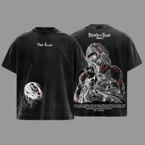 Men's Soft Eren Yeager Attack on Titan Vintage Oversized Heavy Cotton Short-Sleeve T-Shirt - Washed, Double-Printed Classic Apparel, Seamless Retro Unisex Streetwear Graphic Top, Rumbling Collector Edition