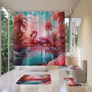 4-Piece Tropical Sunset Print Plastic Shower Curtain Set, Washable Waterproof Fabric, Non-Slip Bath Mat, Toilet Lid Cover, Bath Rug, Teal Pink Palm Tree Hooks for Tropical Themed Bathrooms (1set 4 pes)