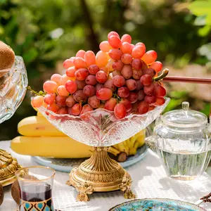 Glass Fruit Bowl，Kitchen Counter Clear Fruit Bowls with Gold Pedestal，Modern Decorative Glass Bowls for Fruit Vegetable Candy and Key