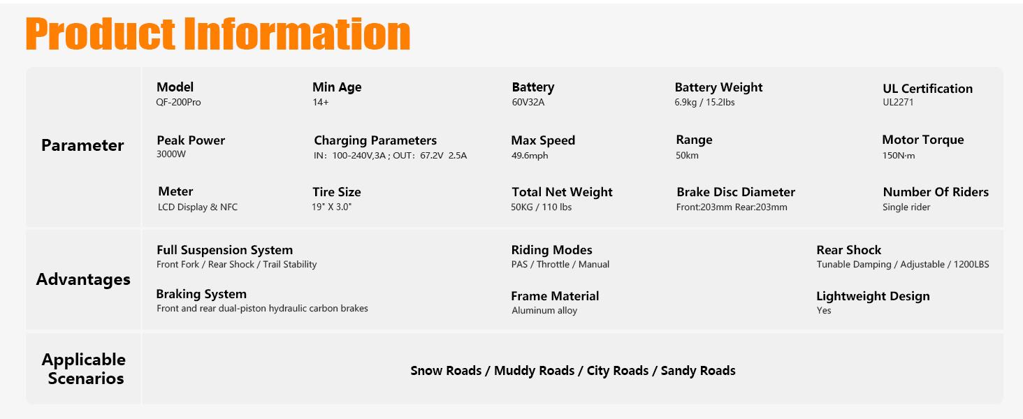 QF200 Pro Electric bicycle: 3000W motor, 60V 32Ah battery, top speed up to 50 km/h, 19-inch wide tires. Equipped with LCD display, NFC unlocking function, supports three-speed gearing and shock absorption.