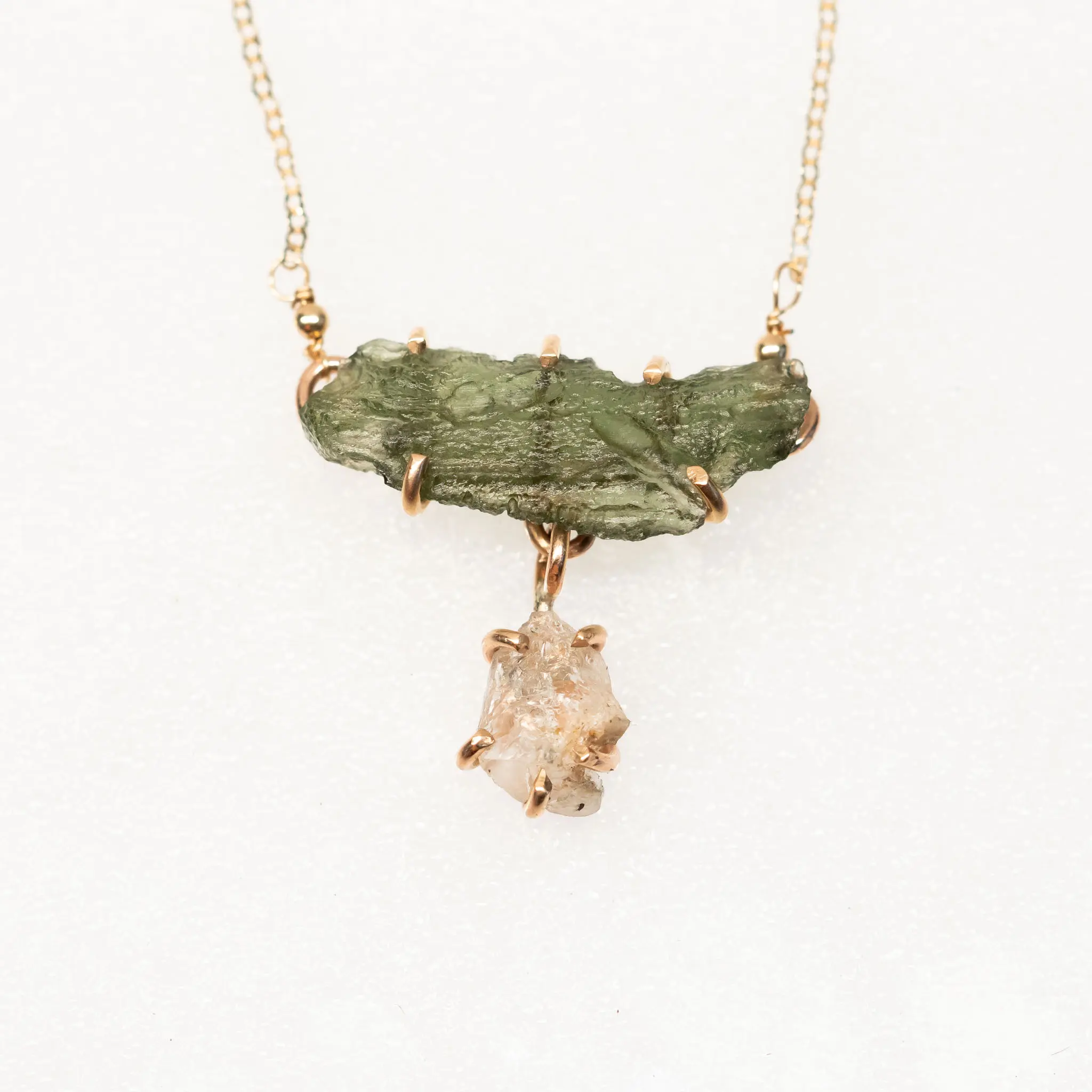 Moldavite with Phenakite Pendant in 14k Gold Filled or  925 sterling Silver, handmade, made to order: rare Ukrainian Phenacite, Moldavite with certificate from Czech Republic, real moldavite, raw crystal pendant, silver necklace